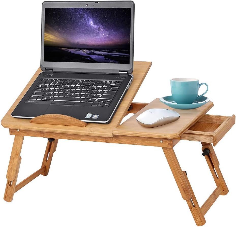 OHMG Betttisch, faltbar, Laptop-Halterung, verstellbar, neigbar, Bambus, Bettschublade, kleiner Tisc