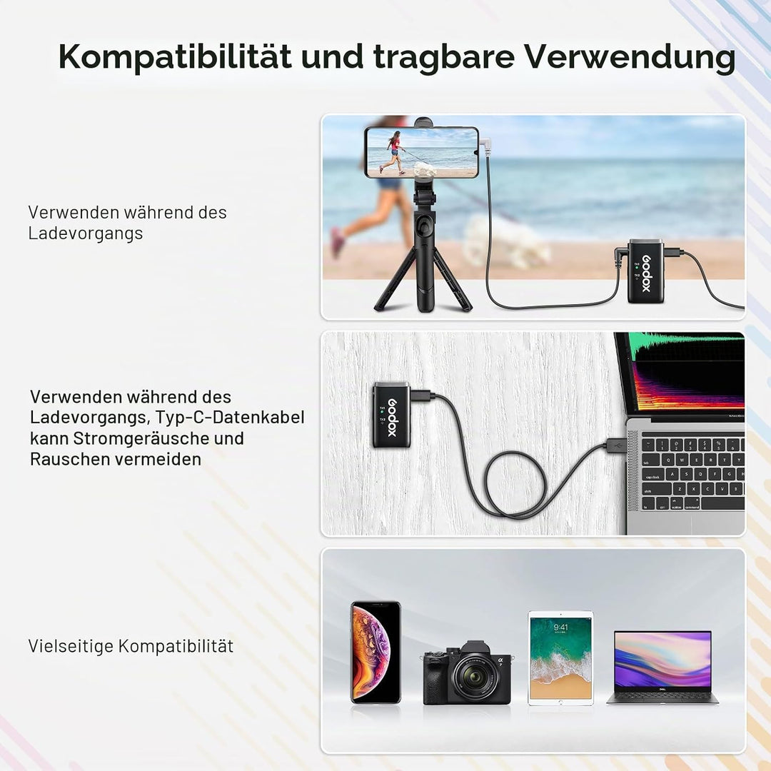 Godox WEC kit2 Drahtloses Lavalier-Mikrofon,8 Stunden Akkulaufzeit, kabelloses Zweikanal-2,4-G-Mikro