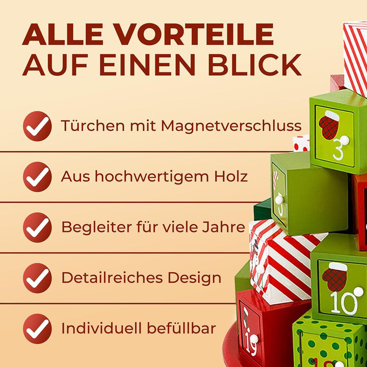 Spielwerk® Wiederverwendbarer Adventskalender Geschenleberg zum Befüllen 24 Türchen Bunt Bemalt Weih