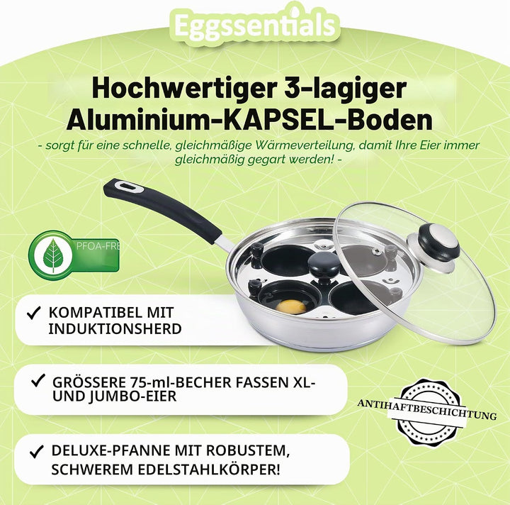 Eggssentials Pochierte Eierkocher aus Edelstahl, lebensmittelecht, PFOA-frei, mit Pfannenwender, 4 P