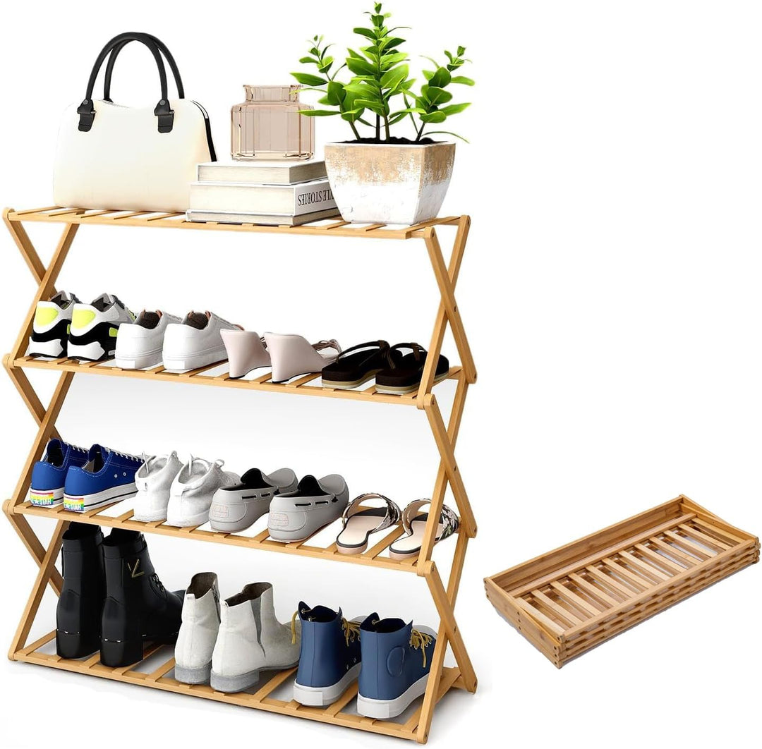 Trintion Schuhregal, 70×70cm Faltbares Schuhregal Aus Bambus Mit 4 Ebenen, 16 Paar Schuhe Schmal, Ho