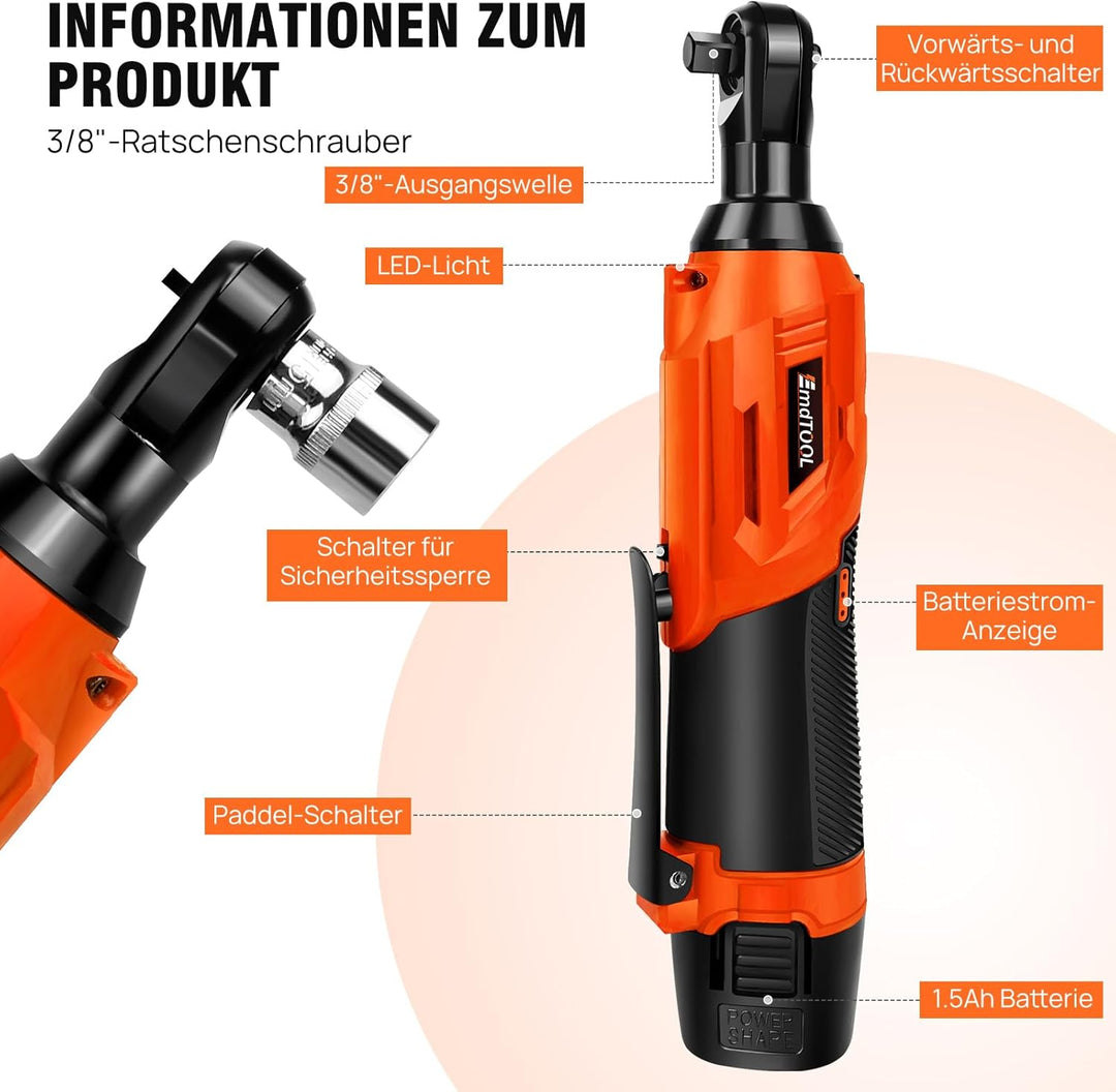 12V Akku Ratschenschlüsse 3/8 Zoll, 40Nm Elektrischer Ratschenschlüssel 2 x 1500mAh Akku, 7 Steckdos