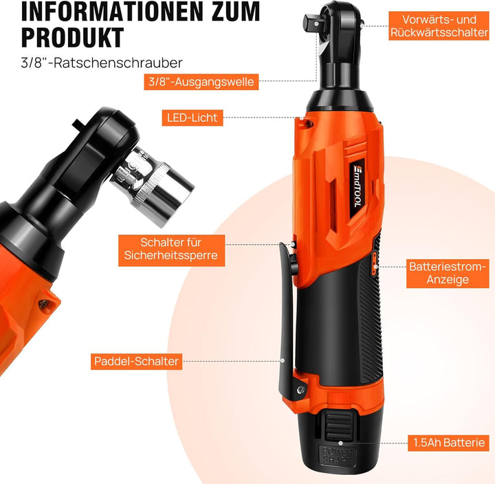 12V Akku Ratschenschlüsse 3/8 Zoll, 40Nm Elektrischer Ratschenschlüssel 2 x 1500mAh Akku, 7 Steckdos