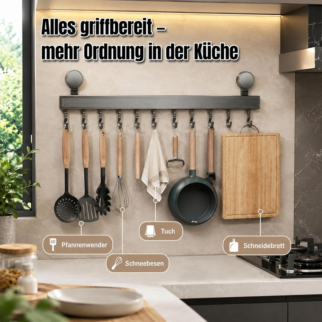 URMONA Hakenleiste Küche ohne Bohren mit Saugnapf | 8 Haken, 40 cm lang, bis 20 kg belastbar, selbst