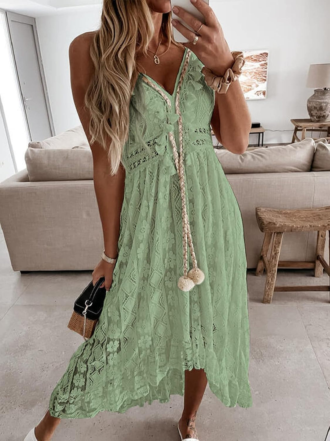 CUPSHE Damen Sommerkleid V Ausschnitt Floral Spitze Quasten Spaghetti Trägerkleid Freizeitkleider Hi