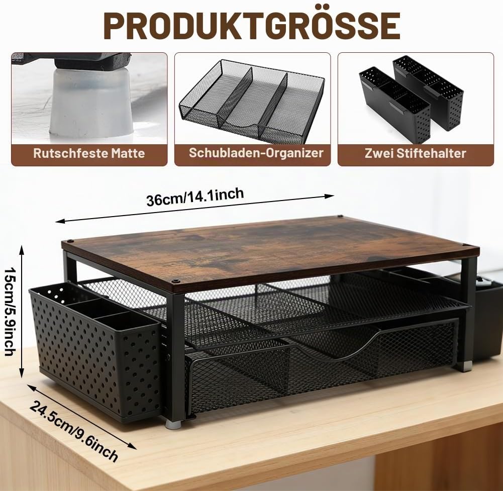 Monitorständer, Monitorständer Mit 2 Ebenen, Schreibtisch Organizer | mit Schublade und 2 Stifthalte