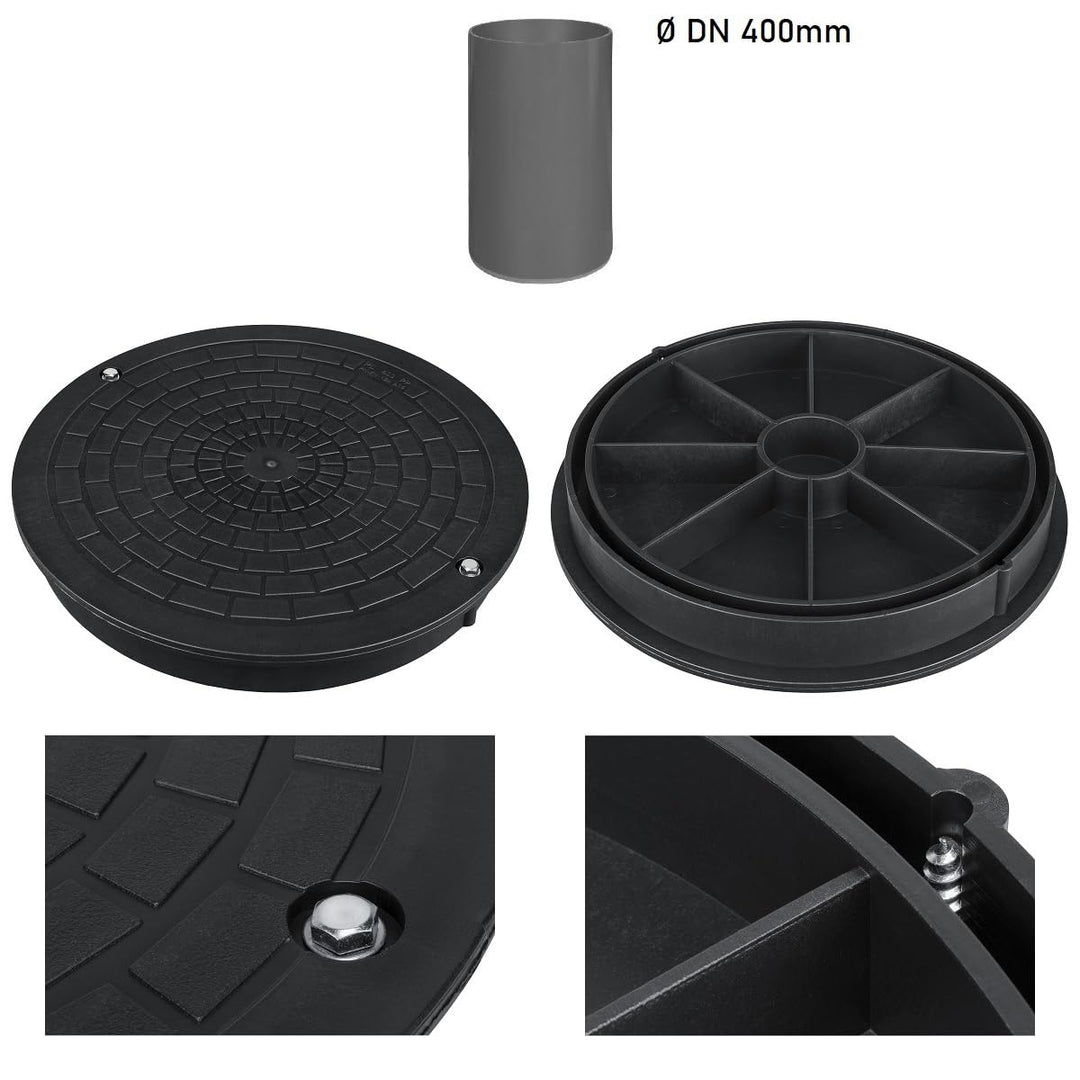 Kanaldeckel für Glattrohr Ø DN400 Schachtabdeckung Schachtdeckel Kontrollschacht Schwarz für Glattro