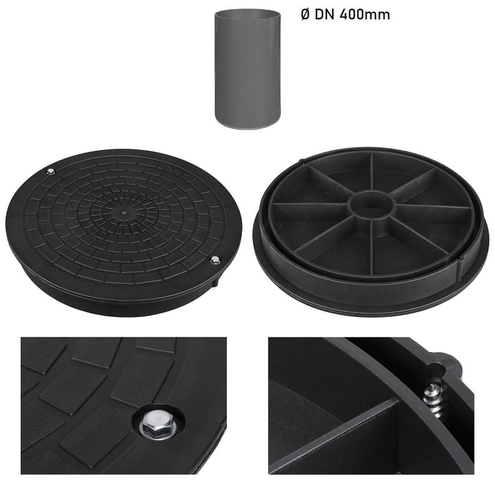 Kanaldeckel für Glattrohr Ø DN400 Schachtabdeckung Schachtdeckel Kontrollschacht Schwarz für Glattro