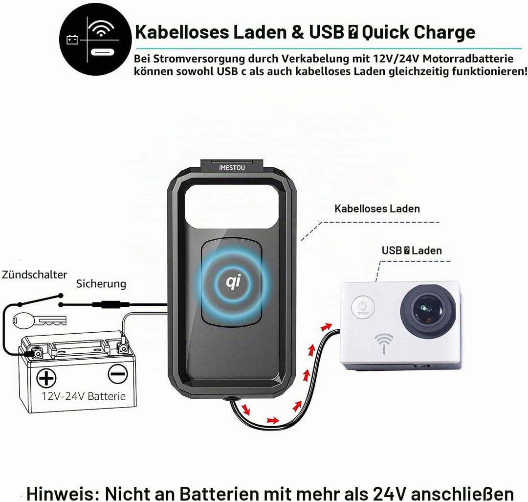 iMESTOU Wasserdichtes Motorrad Wireless USB C Telefonmontage, Lenker Handyhalter 360 Rotation Passt