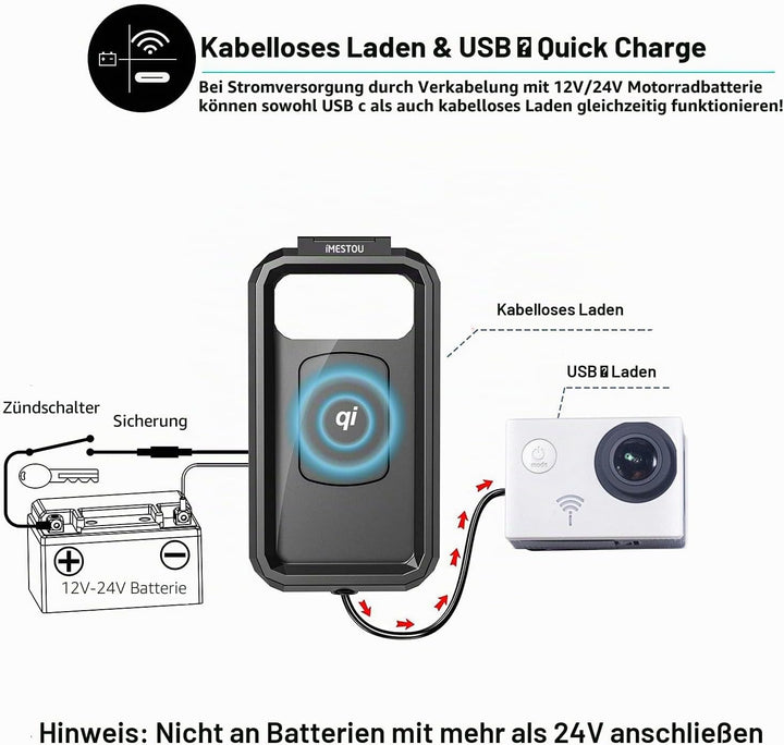 iMESTOU Wasserdichtes Motorrad Wireless USB C Telefonmontage, Lenker Handyhalter 360 Rotation Passt