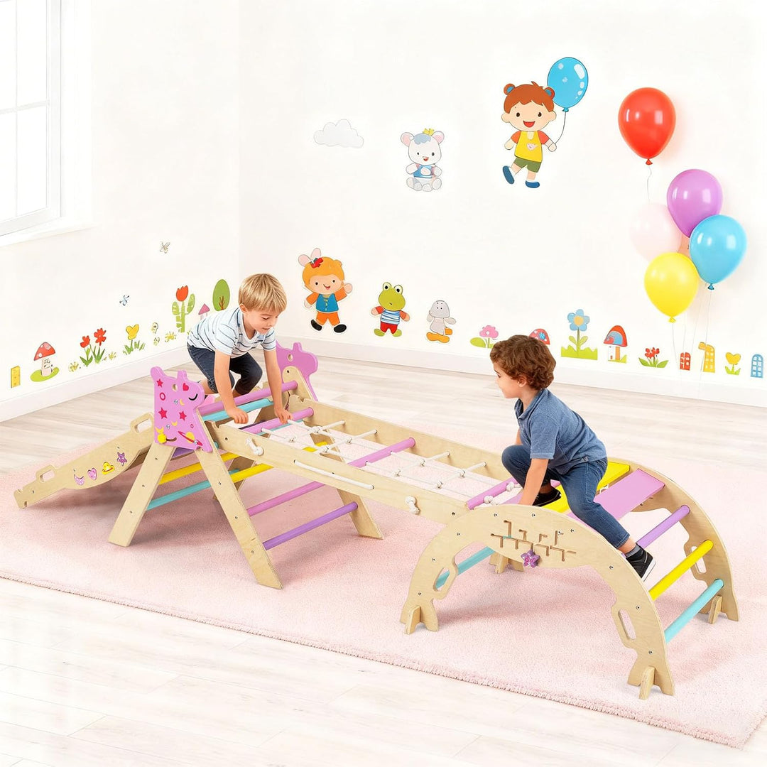DREAMADE 9-in-1 Montessori Kletterdreieck Set, Kletterbogen aus Holz mit Netz für Kleinkinder ab 1 J