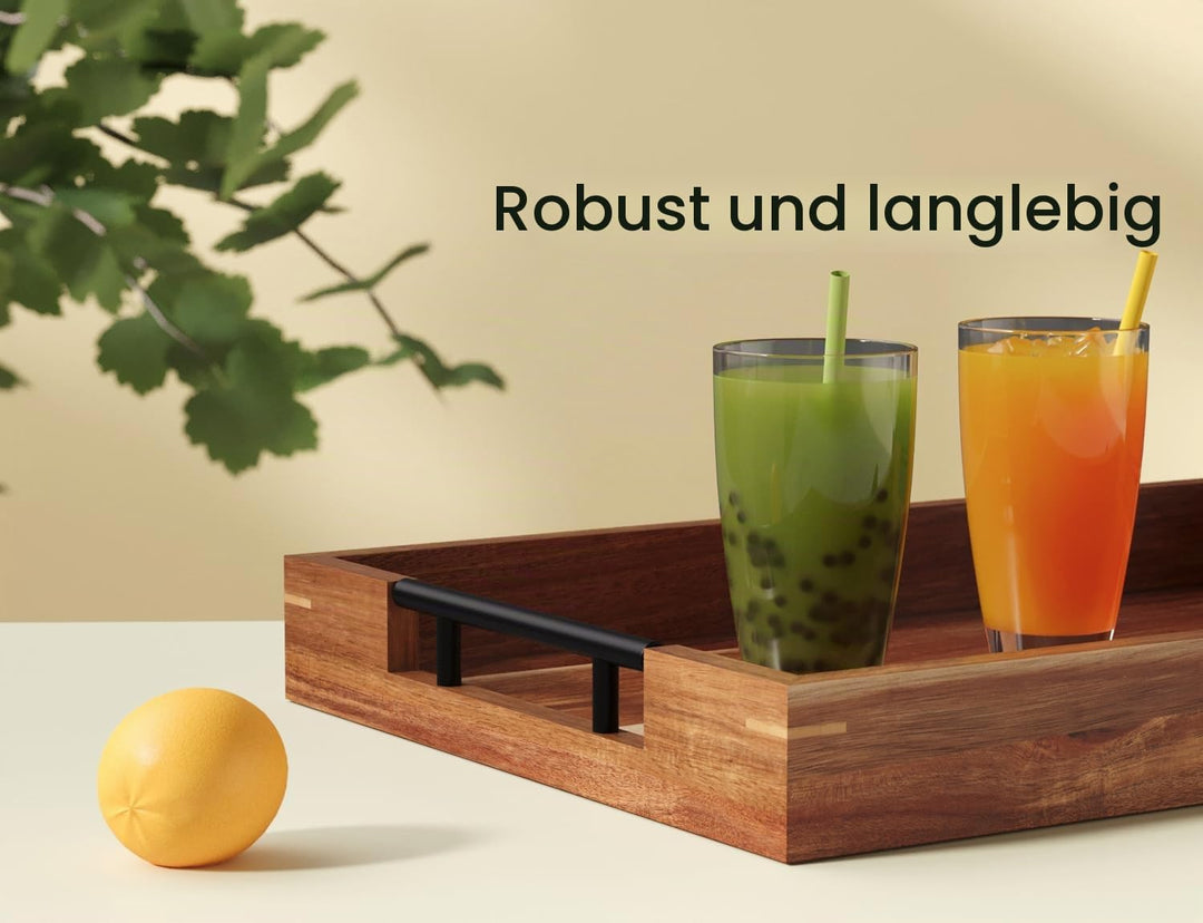 Fibogollo 2er Set Akazienholz Serviertablett mit Metallgriff, Rechteckig Tablett Frühstückstablett,D