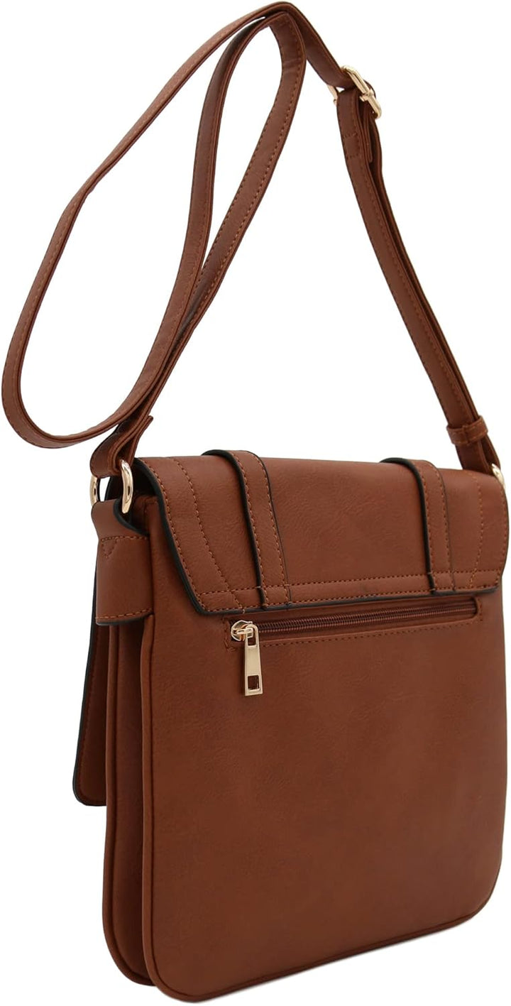 Double Compartment Large Flapover Crossbody Bag with Colorblock Straps Braun, Braun
