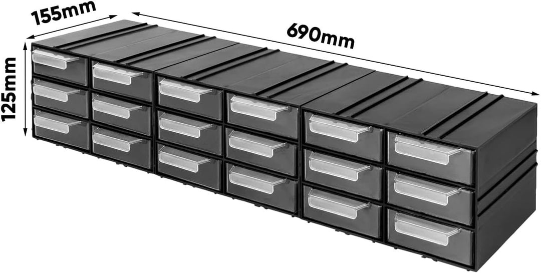 Aufbewahrungsbox mit Schubfächern Sortimentskasten - 18 Stück Transparent Schubladen - 690 x 155 x 1