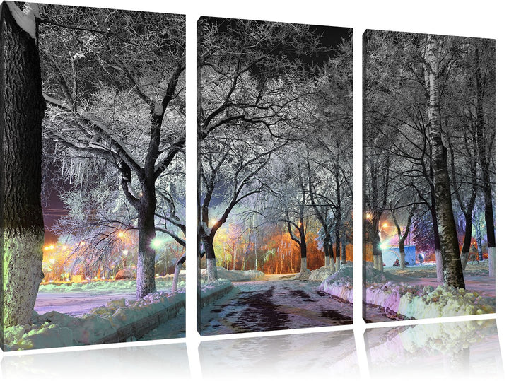 Pixxprint Baumallee im Winter Schwarz/Weiss 3-Teiler Leinwandbild 120x80 Bild auf Leinwand