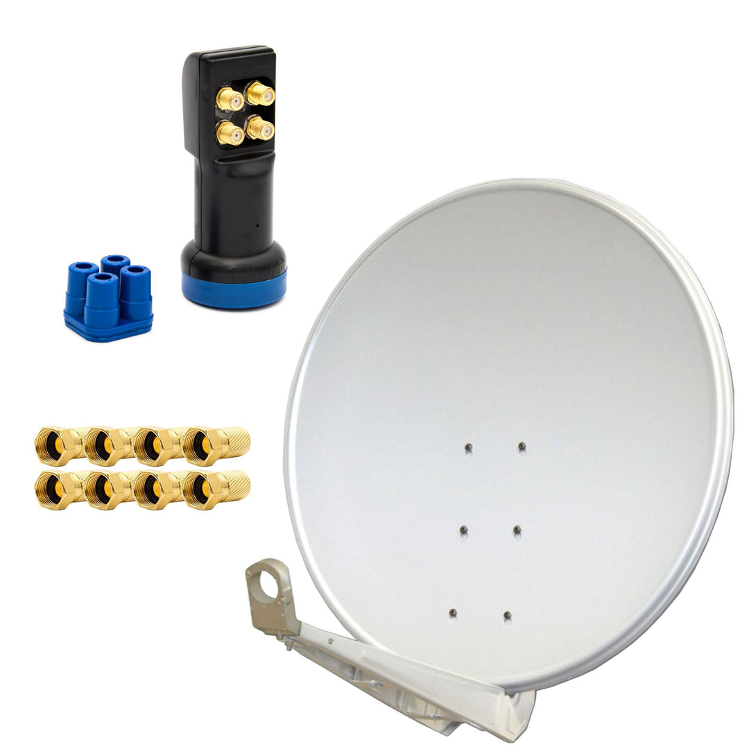 PremiumX Deluxe SAT Anlage bis 4 TV Receiver 100cm Satellitenantenne Aluminium Hellgrau mit LED Quad