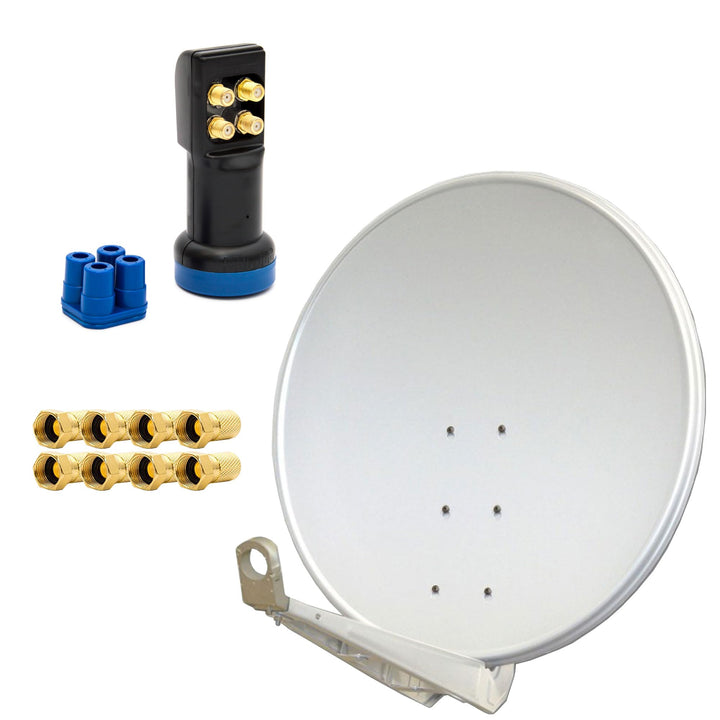 PremiumX Deluxe SAT Anlage bis 4 TV Receiver 100cm Satellitenantenne Aluminium Hellgrau mit LED Quad