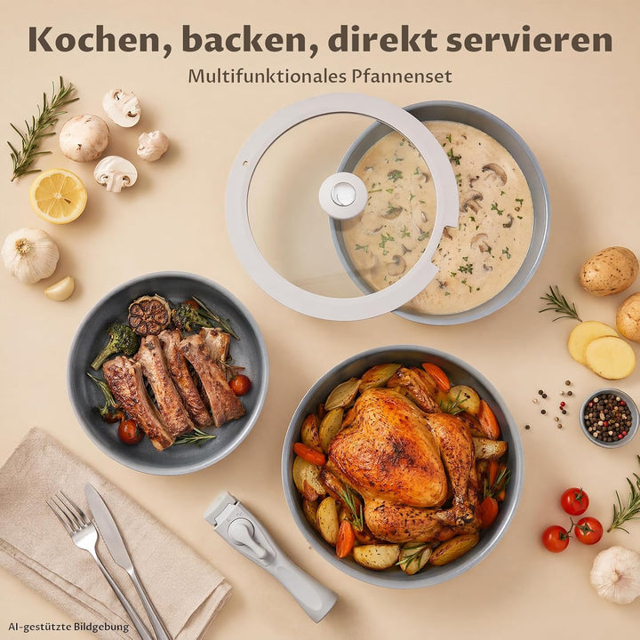 BEZIA 17-Teilig Topfset mit Abnehmbarer Griff, Pfannenset mit Keramik Antihaft Beschichtet, Induktio