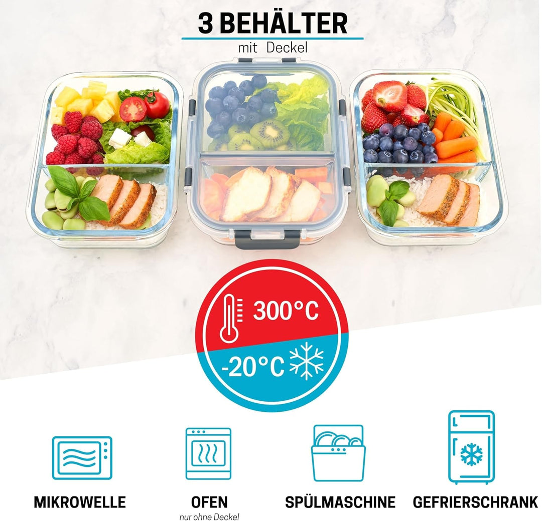 2-Fach Meal Prep Container aus Glas mit Transparentem deckel – Luftdicht Verschliessbare Frischhalte
