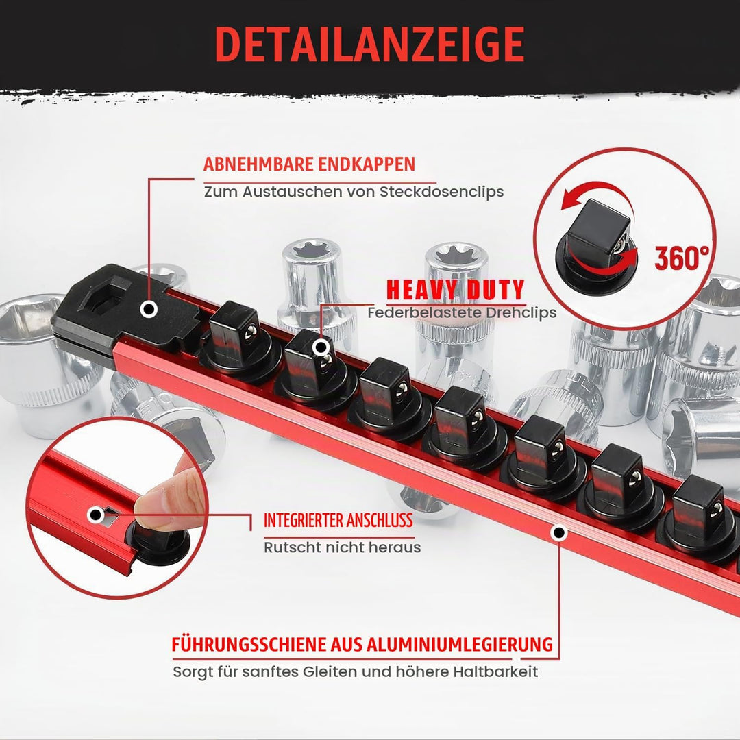 ACEBON Magnetische Stecknuss-Rail 3-tlg, Aluminium Steckschlüssel-Organizer mit 40 Drehbare Clips fü