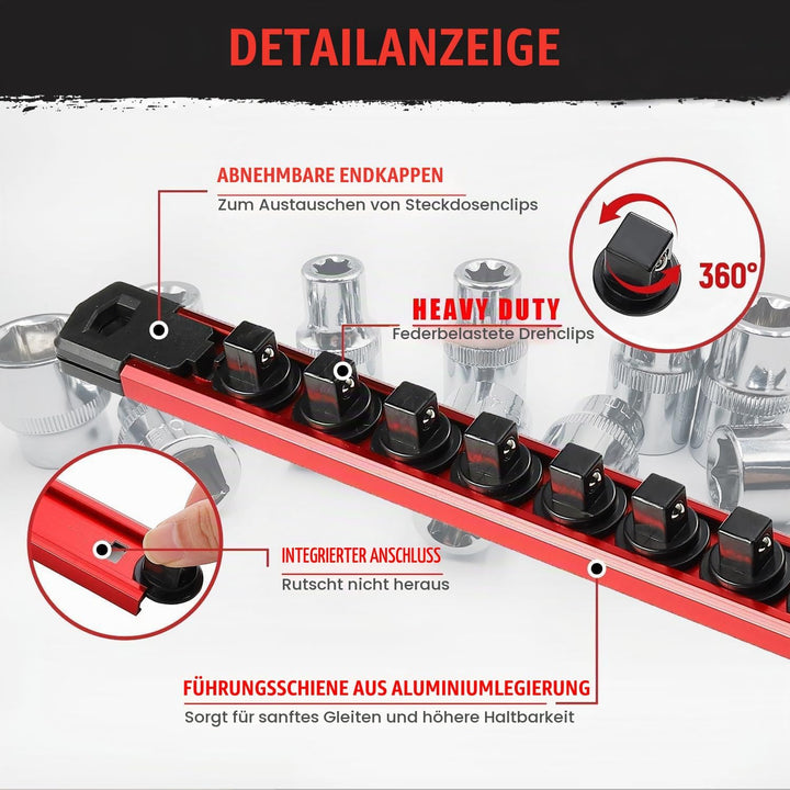 ACEBON Magnetische Stecknuss-Rail 3-tlg, Aluminium Steckschlüssel-Organizer mit 40 Drehbare Clips fü