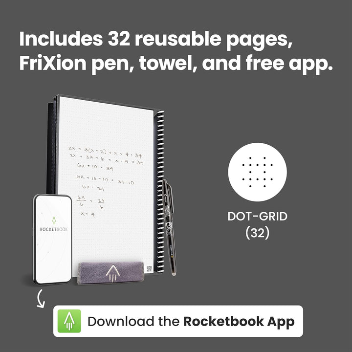 Rocketbook Core Wiederverwendbares Spiralbuch - Letter A4, Schwarz, Punktraster, Inklusive Pilot Fri