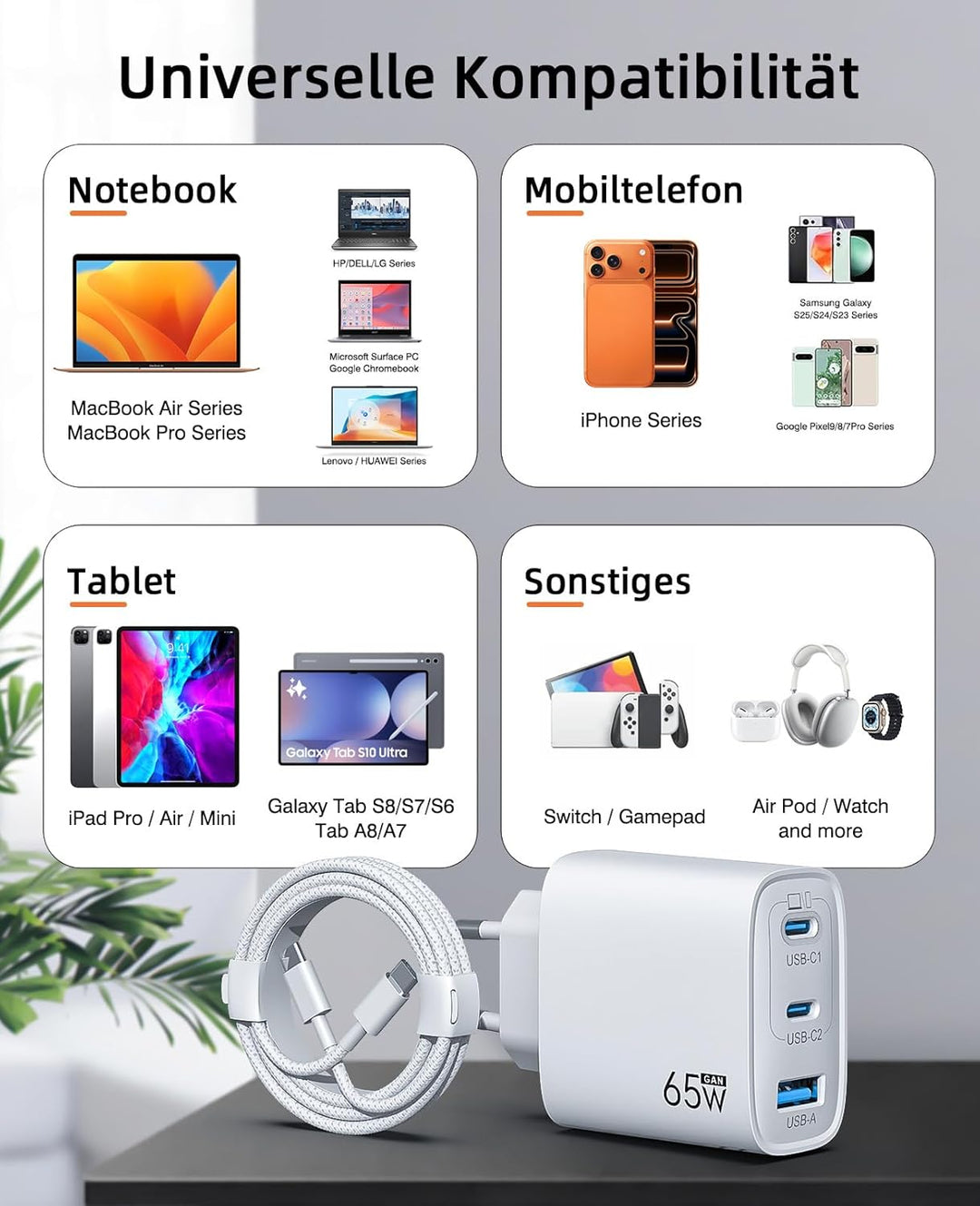 USB C Ladegerät 65W 3-Port,USB-C Netzteil Charger PPS 60W Schnellladegerät PD Ladestecker, kompatibe