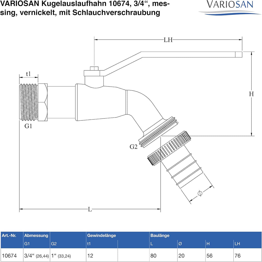 VARIOSAN Regentonnendurchführung + Kugelauslaufhahn Set 14702, 3/4", Messing 3/4" + Auslaufhahn, 3/4