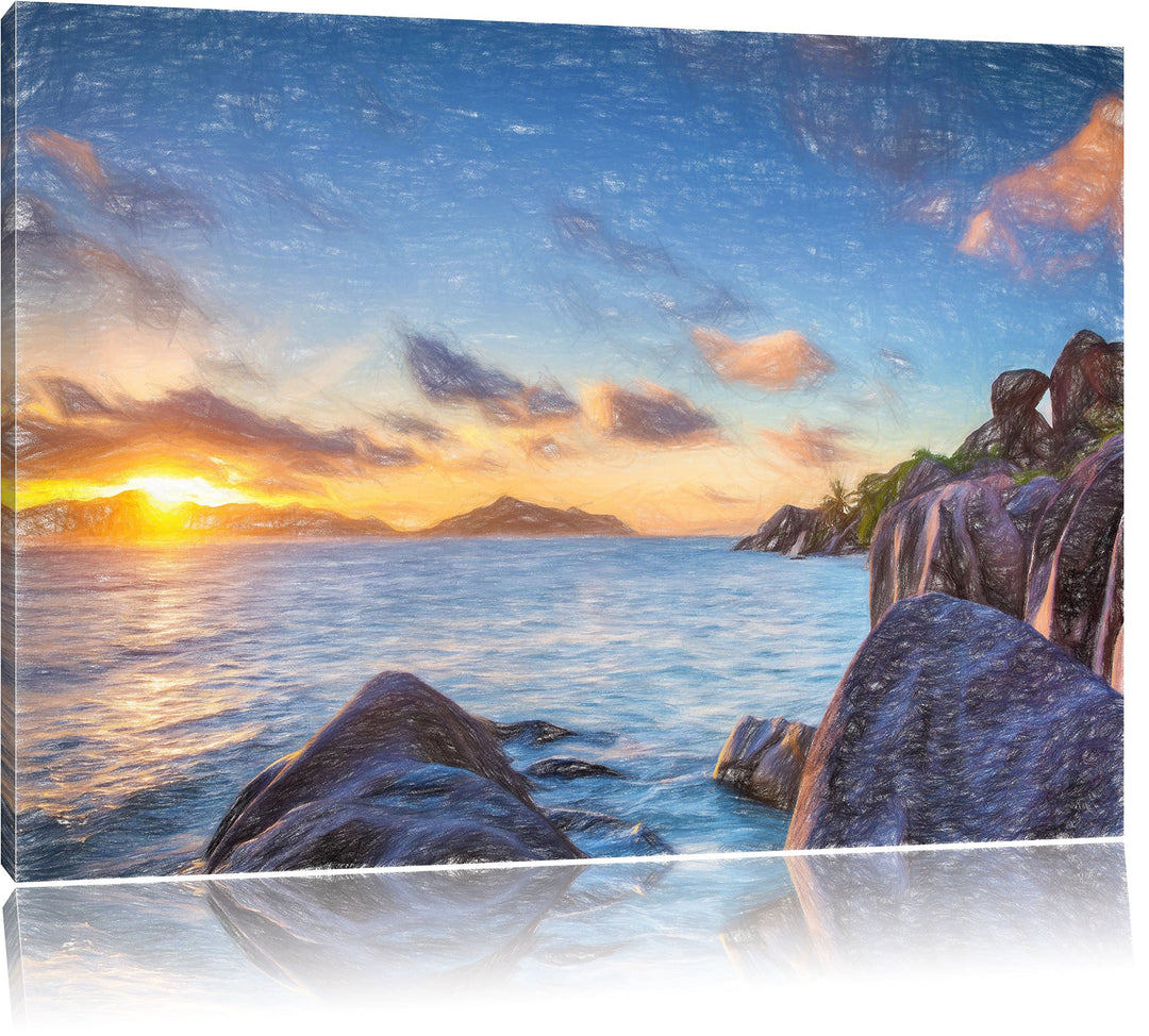 Pixxprint Sonnenuntergang Seychellen als Leinwandbild/Grösse: 100x70 cm/Wandbild/Kunstdruck/fertig b