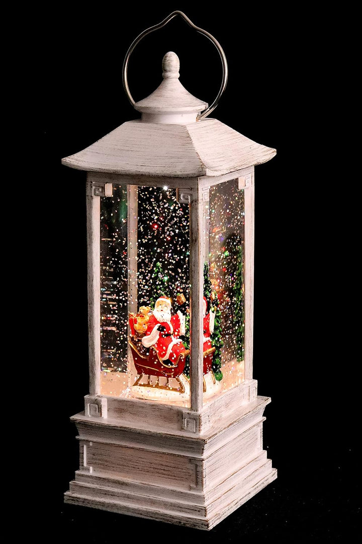 Schneekugel als Laterne mit Weihnachtsmann auf Schlitten, Musik, Licht, Glitzerantrieb, 10,5*10,5*28