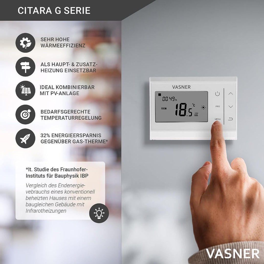 VASNER Citara G – Glas Infrarotheizung 300-900 W, Made in Germany, rahmenlose Elektroheizung Wandmon
