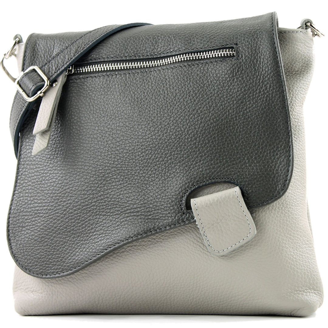modamoda de - T146 - ital. Umhängetasche Schultertasche aus Leder Grau/Dunkelgrau2021, Grau/Dunkelgr