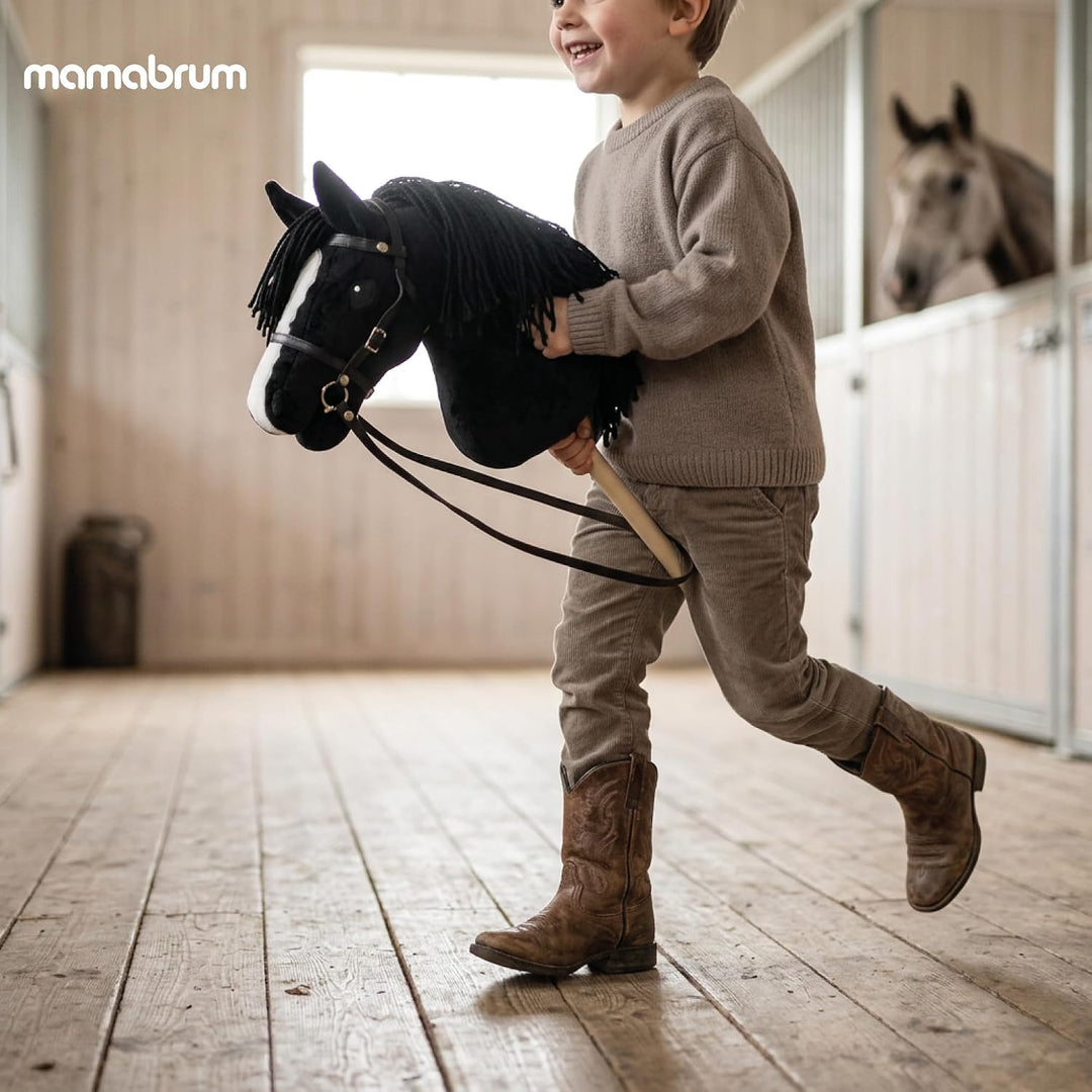 mamabrum Hobby Horse Schwarz Steckenpferd Kinder 68 cm | Steckenpferd mit Holzstab, abnehmbarem Zaum