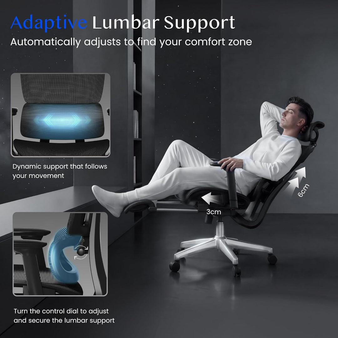 FLEXISPOT Ergonomischer Bürostuhl Schreibtischstuhl mit Fussstütze, 3D-Armlehnen, 3D-Kopfstütze, 5D-