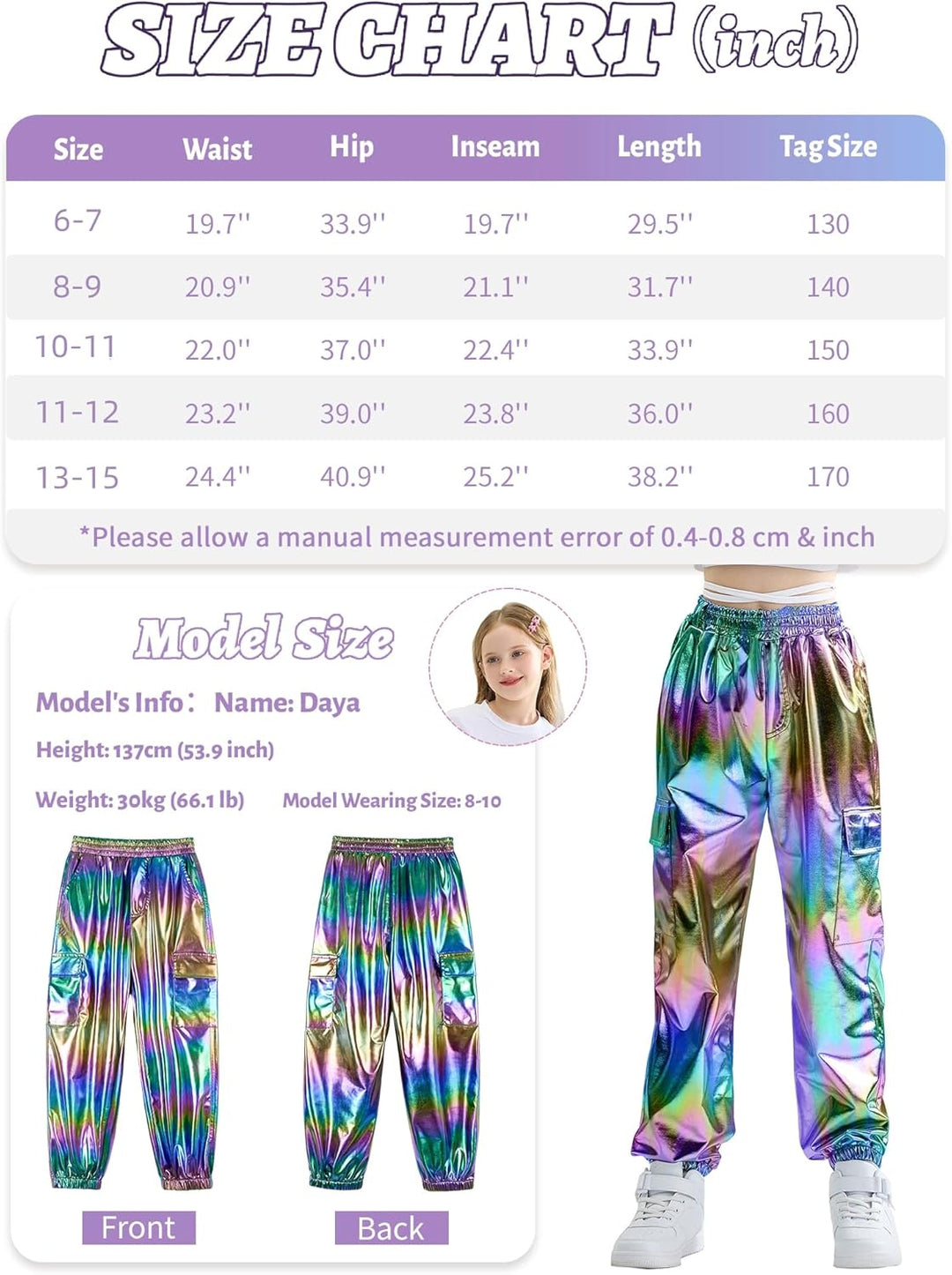 Rolanko Cargo Hosen für Mädchen, Metallische Tanz Hip Hop Hosen für Kinder Mit Elastischem Bund, Ret