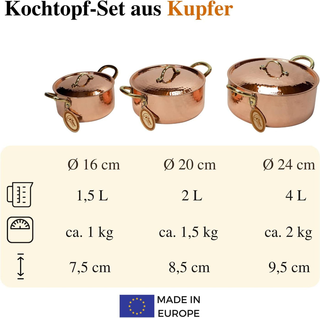CopperGarden Kupfertöpfe 3er Set mit Deckel & Messinggriffe I Gehämmerte Kupferkochtöpfe: Ideale Wär