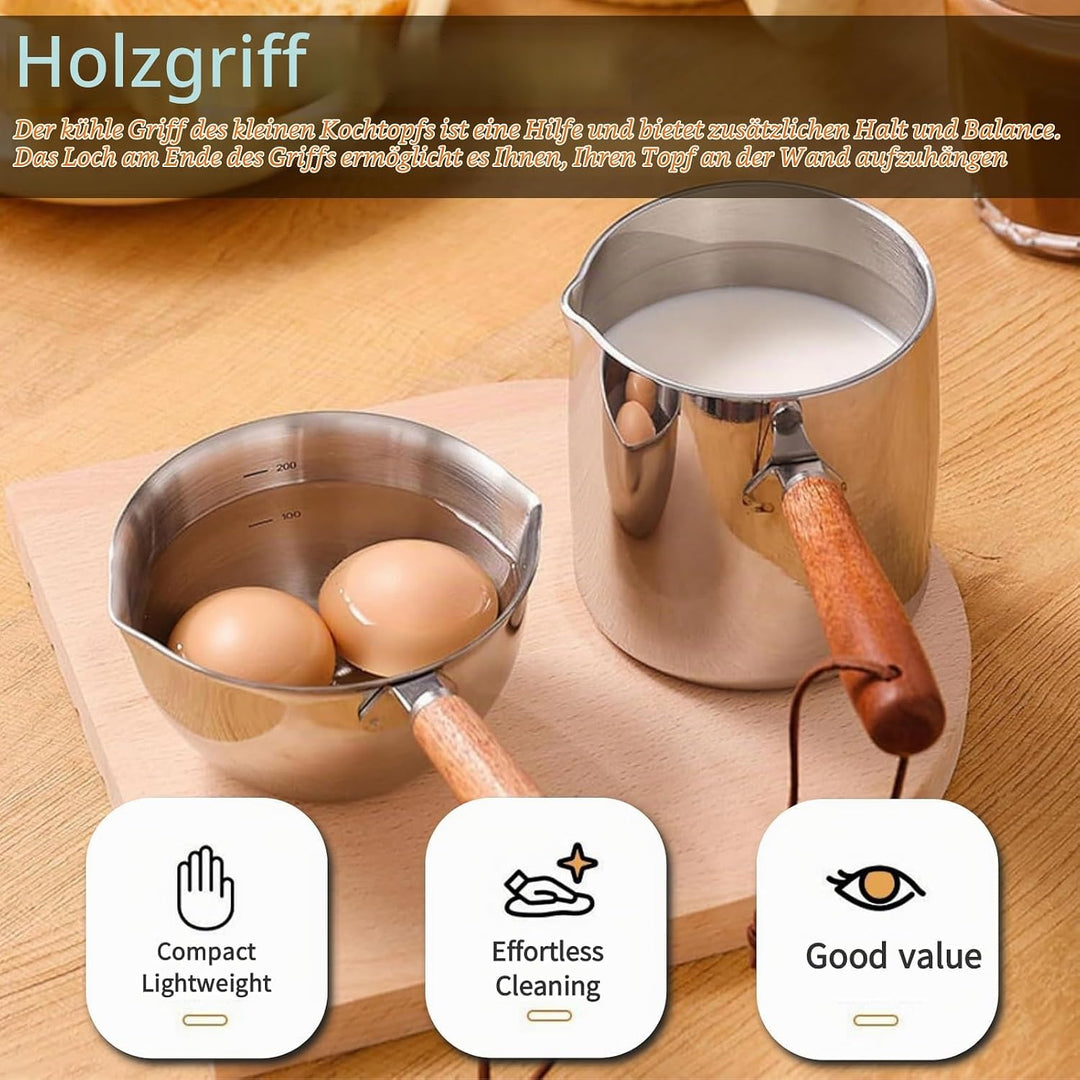 Tissting 2PCS450ML Mini Topf Kaffeekanne, Holzgriff Kleine Sossentopf Stielkasserolle Topf Butterwär