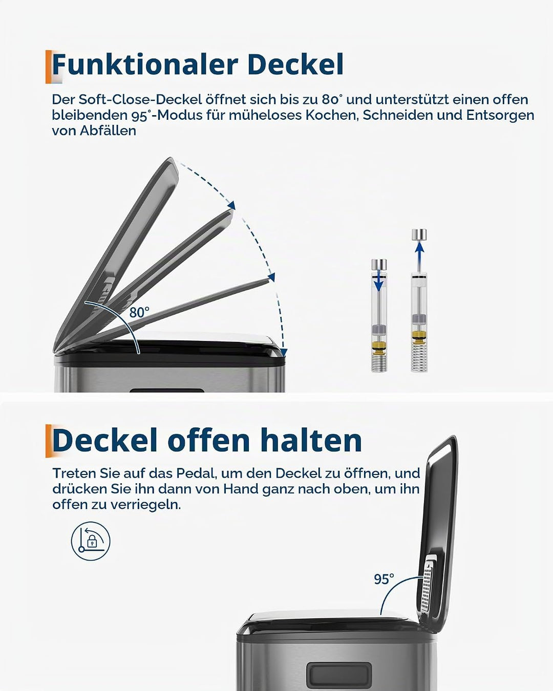Metall Mülleimer Küche 2-fach, 80L Mülltrennsystem mit 2 Fusspedalen &amp; Soft-Close, 2 x 40L Inneneime