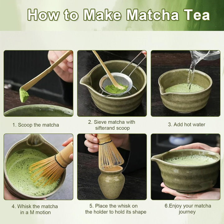 Premium Matcha Tee Set mit Bambusbesen, Keramikschale, Schaufel & Halter - Komplettes Set für Tradit