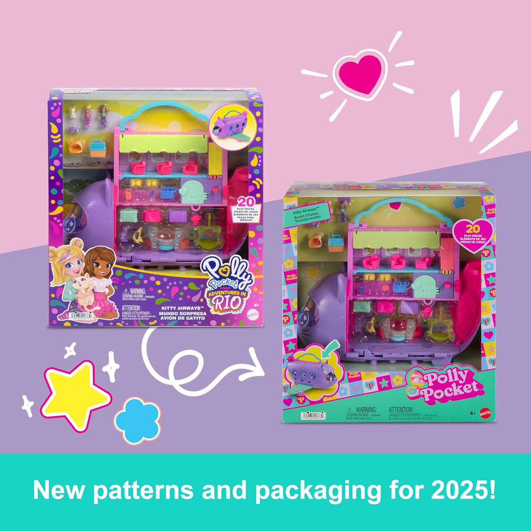 Polly Pocket Puppen und Spielset, Kitty Airways Flugzeug, Reisespielzeug mit 2 kleinen Puppen und Ti