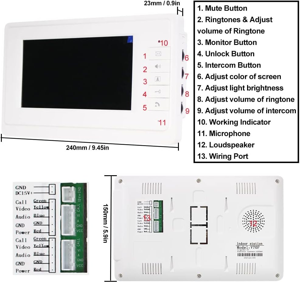 YiToo 7" Video Intercom verdrahtetes Home Video Tür Telefon Türklingel System EIN Innenmonitor mit E