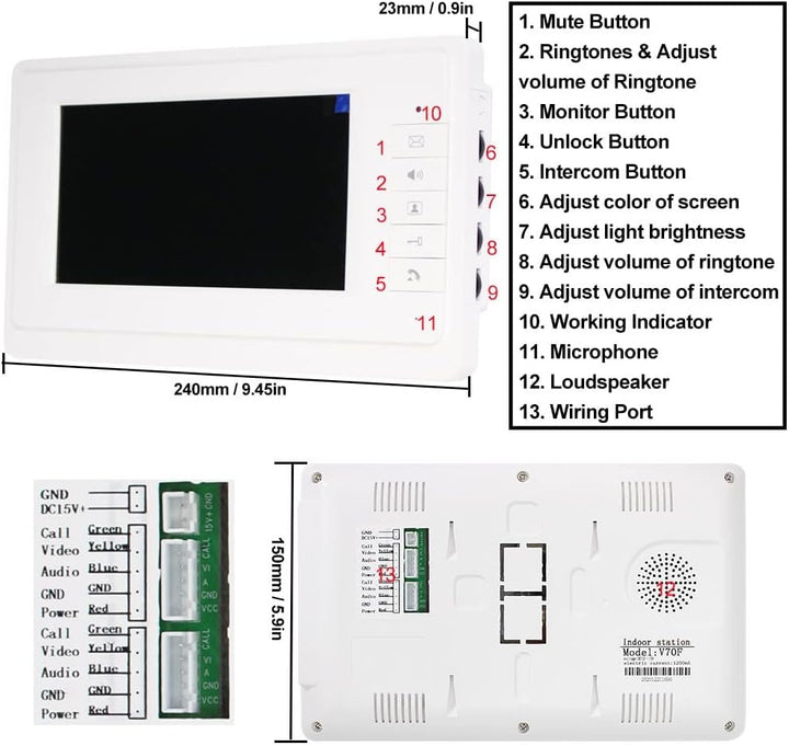 YiToo 7" Video Intercom verdrahtetes Home Video Tür Telefon Türklingel System EIN Innenmonitor mit E