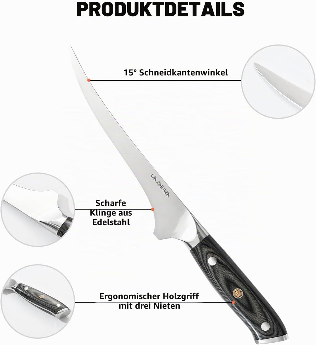 Filletmesser, 18 cm Professioneller Fisch, Knochenmesser mit ergonomischem Griff für Fleisch, Fisch,