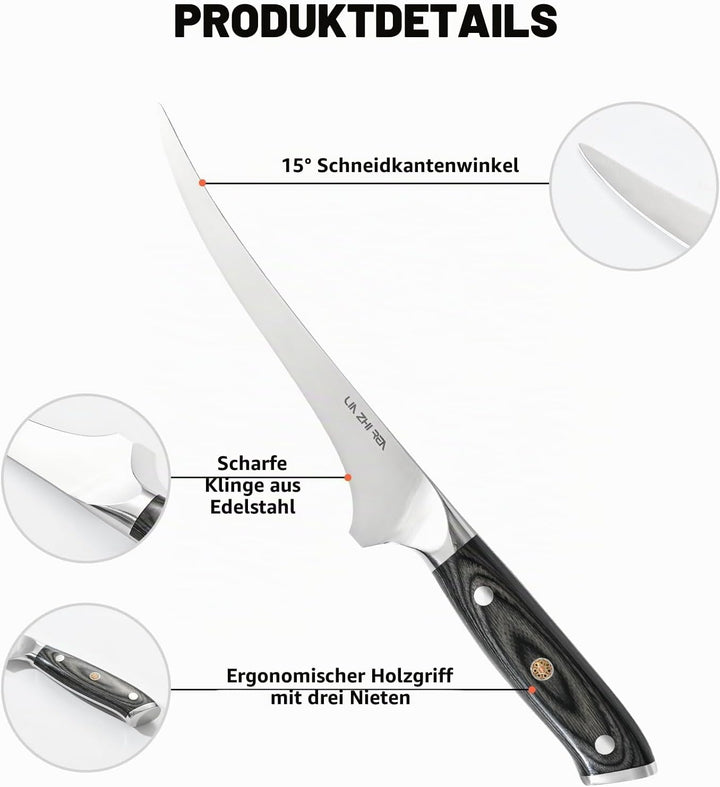 Filletmesser, 18 cm Professioneller Fisch, Knochenmesser mit ergonomischem Griff für Fleisch, Fisch,