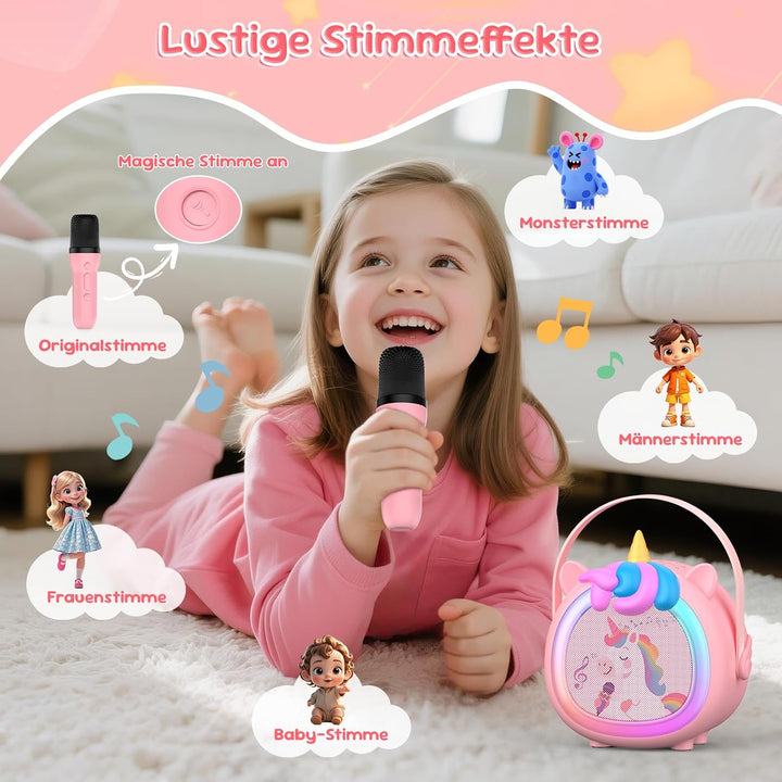 Kinder Karaoke Maschine mit 2 kabellosen Bluetooth Mikrofonen, Kompaktes Einhorn Musikspielzeug mit