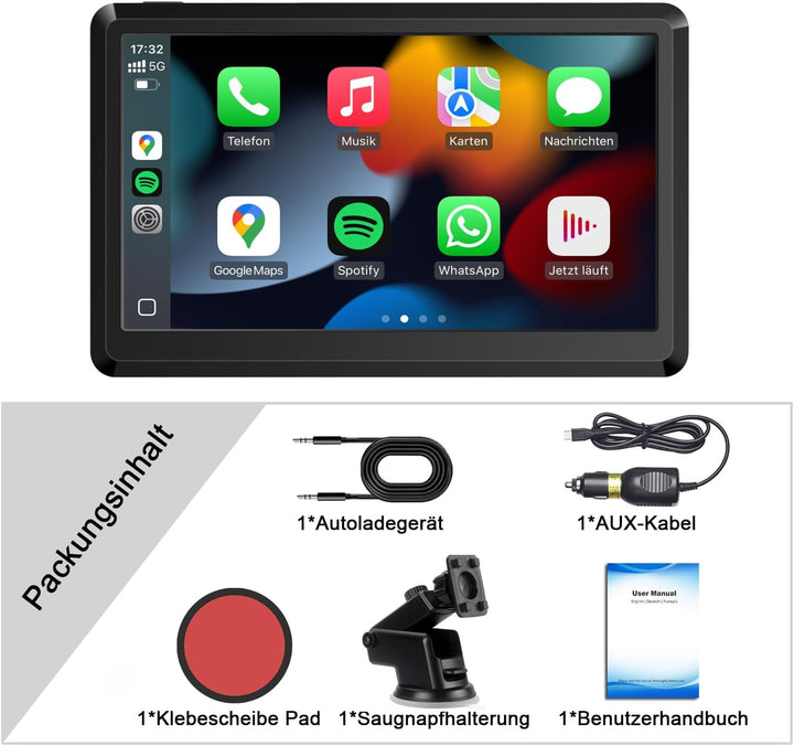 Wireless CarPlay Display, Tragbare Autoradio mit Android Auto,Touchscreen Bildschirm, MirrorLink, Sp
