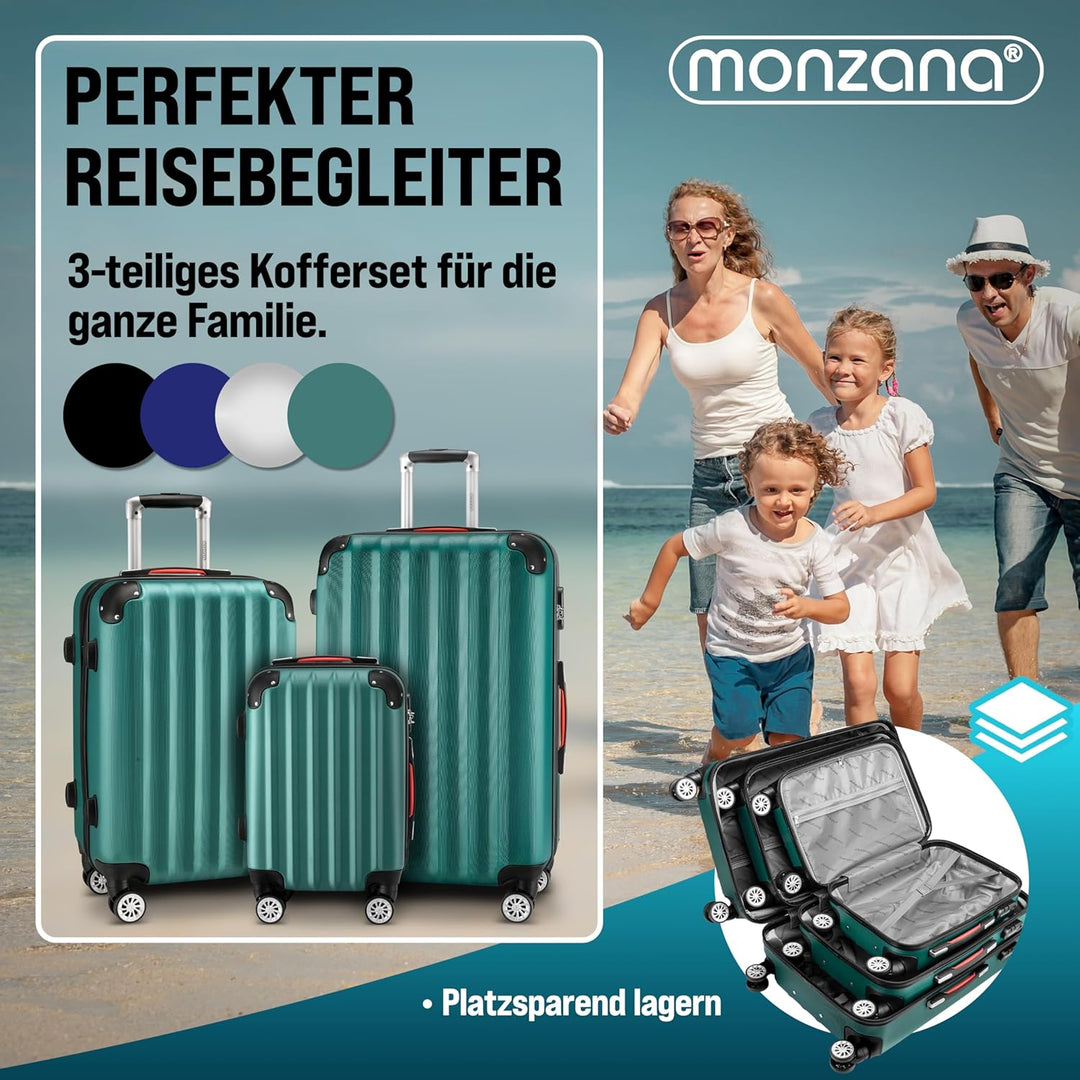 MONZANA® 3tlg. Kofferset, Grün - M-L-XL - inkl. Schloss, Organizer & Kofferwaage - Gurt Gel-Griffe,