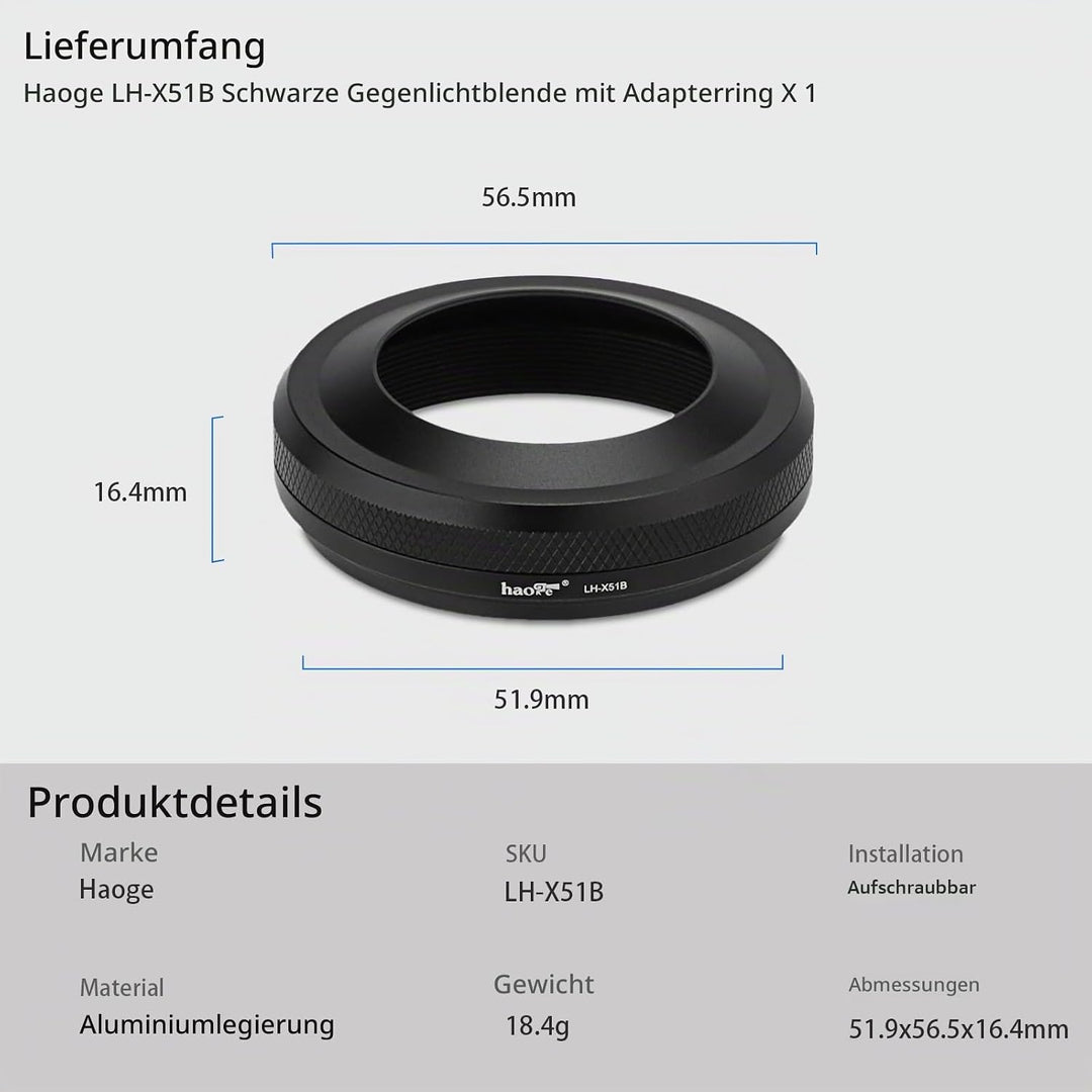 Haoge LH-X51B 2in1 Ultradünne Metall Gegenlichtblende Sonnenblende mit 49mm Adapterring für Fujifilm