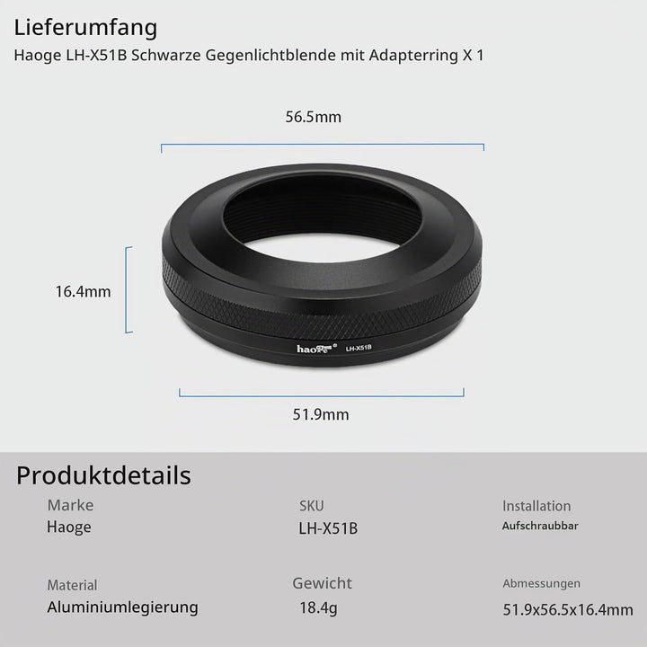 Haoge LH-X51B 2in1 Ultradünne Metall Gegenlichtblende Sonnenblende mit 49mm Adapterring für Fujifilm