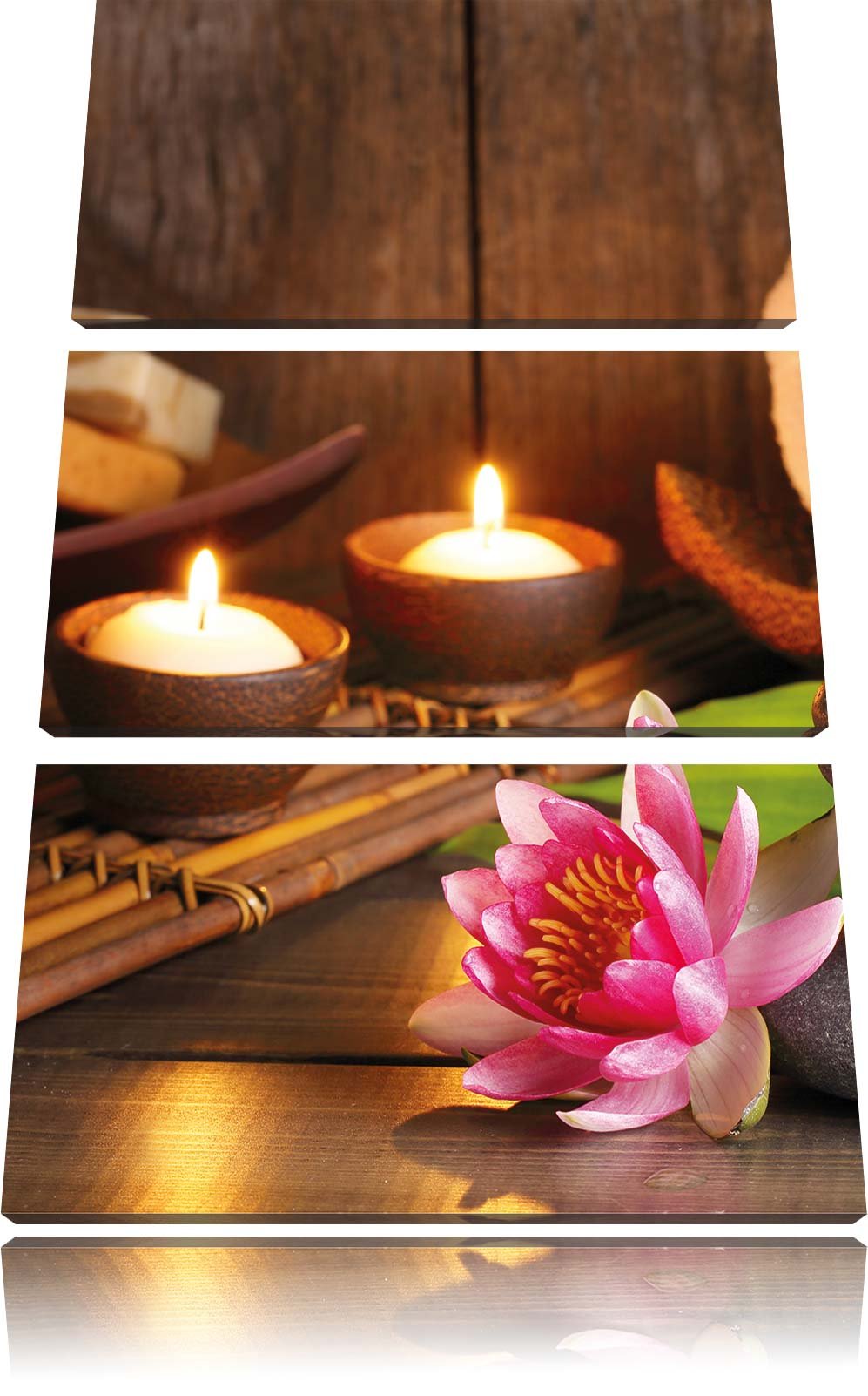 Pixxprint Kerzen mit Zen Steinen und Seerose als Leinwandbild | Grösse: 3 Teilig (120x80) | Wandbild